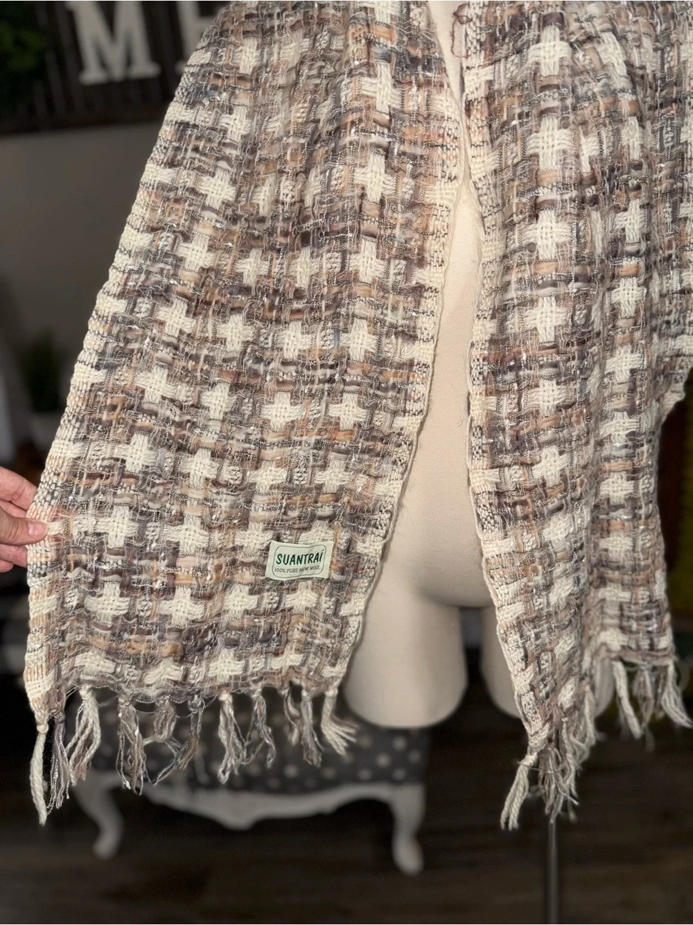 SUANTRAI 100% Pure New Wool Neutral Woven Fringe Scarf Wrap